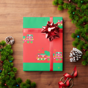 Papel De Regalo Navidad ROJO & VERDE Con Trenes. Santa