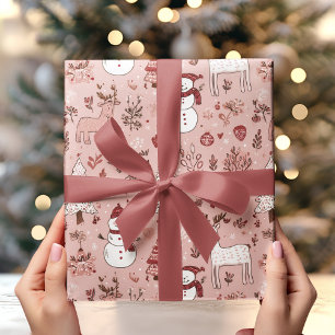 Papel De Regalo Navidad Rosa Sonrojado Reno y Muñeco de Nieve
