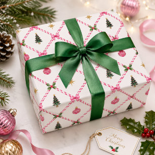 Papel De Regalo Navidad Rosa Verde Caramelo Enrejado Preppy