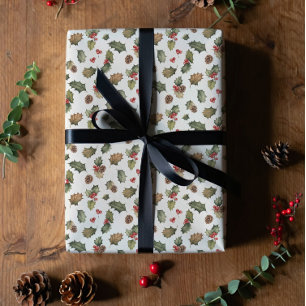 Papel De Regalo Navidad rústica de acebo y pino 