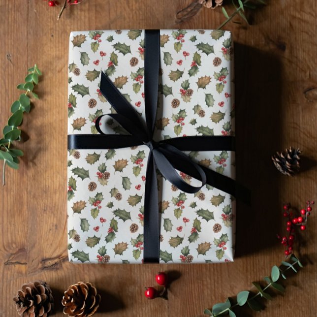 Papel De Regalo Navidad rústica de acebo y pino  (Subido por el creador)