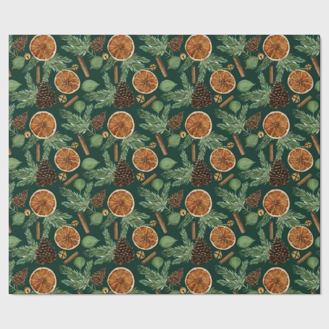 Papel De Regalo Navidad rústica seca naranja pino verde (Costura)