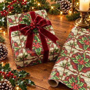 Papel De Regalo Navidad Victoriana Antigua Acebo Bayas Rojas