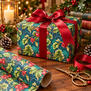 Papel De Regalo Navidad Victoriana Antigua con Acebo y Bayas