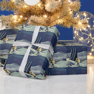 Papel De Regalo Navidad vintage, ángel de nieve caminando con una