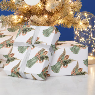 Papel De Regalo Navidad vintage, Ángel victoriano con árbol