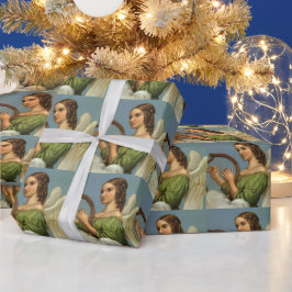Papel De Regalo Navidad vintage, Angel victoriano con arpa musical
