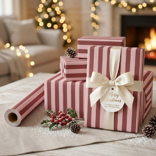 Papel De Regalo Navidad Vintage Burgundy y Blush Stripe 