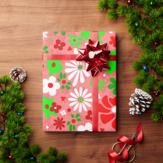 Papel De Regalo navidad vintage groovy años 60 flores copos de nie