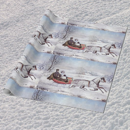 Papel De Regalo Navidad Vintage, Invierno Camino, Caballo Sleigh