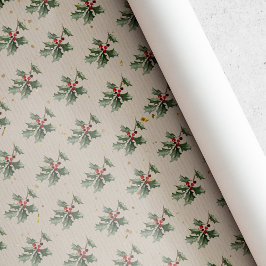 Papel De Regalo Navidad Vintage Rústica con Bayas de Acebo