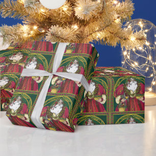 Papel De Regalo Navidad vintage, Santa Claus con hojas holly