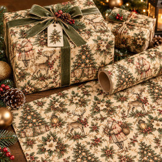 Papel De Regalo Navidad Vintage Verde Salvia y Beige Bosque 