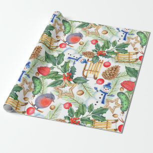 Papel De Regalo Navidad Xmas Muñeco de Nieve, Piñas, Acebo