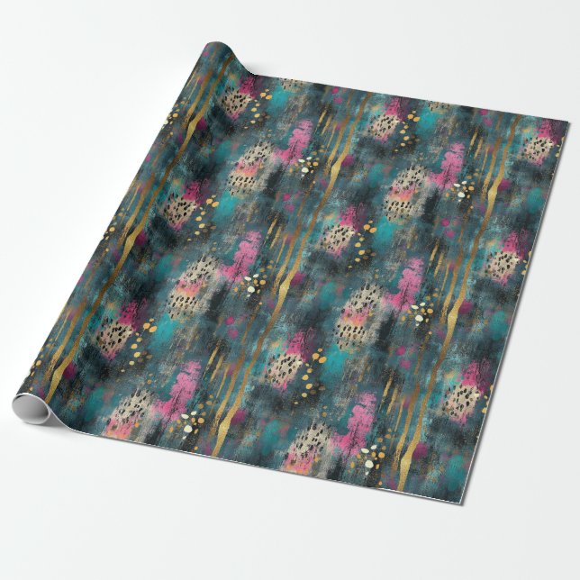 Papel De Regalo Navidades abstractos leopardo oro verde azulado (Desenrollado)