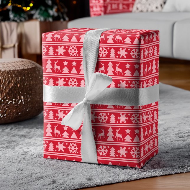 Papel De Regalo Navidades acogedores del patrón de suéter de punto (Cozy Knit Red Knitted Sweater Pattern Christmas Wrapping Paper)