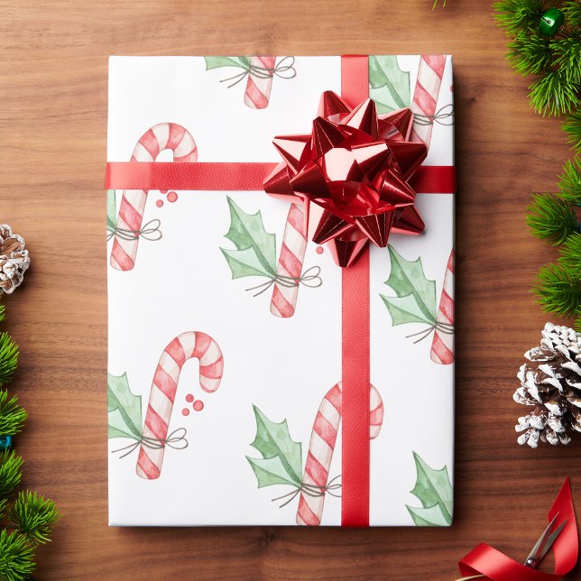 Papel De Regalo Navidades acuarela Caña de Vela Roja y vegetación (Vintage Christmas Watercolor Red Candy Canes and Greenery Wrapping Paper by Painted Paperie
)