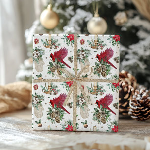 Papel De Regalo Navidades acuarela de color rojo pájaro y verde in