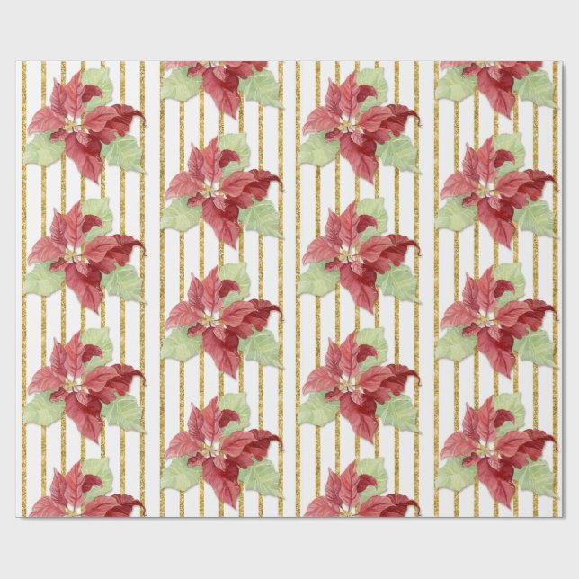 Papel De Regalo Navidades acuarela Red Floral Leaf Gold Stripes (Superficie plana)