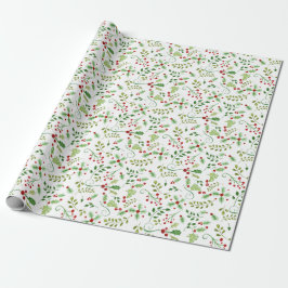 Papel De Regalo Navidades acuarela Red Green Holly Berry Foliage