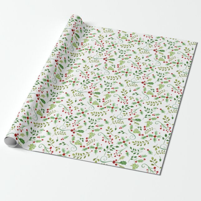 Papel De Regalo Navidades acuarela Red Green Holly Berry Foliage (Desenrollado)
