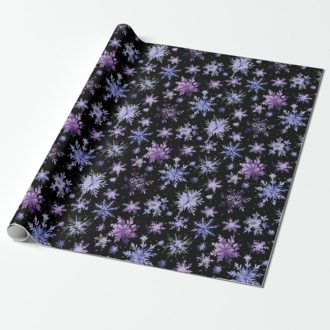 Papel De Regalo Navidades acuarela violeta negras copos de nieve (Desenrollado)