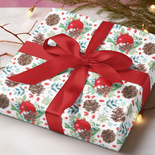 Papel De Regalo Navidades acuarelas Baubles Pine Cone Floral