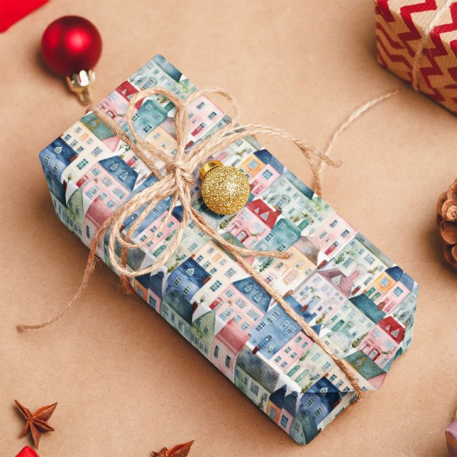 Papel De Regalo Navidades acuarelas coloridas casas vacaciones (Subido por el creador)
