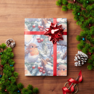 Papel De Regalo Navidades acuarelas pájaros en árboles