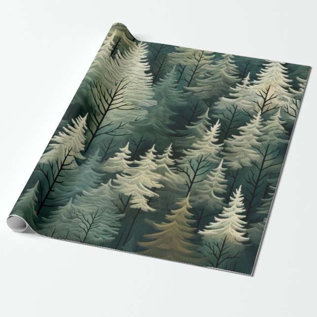 Papel De Regalo Navidades acuarelas Pine Trees el bosque invernal (Desenrollado)