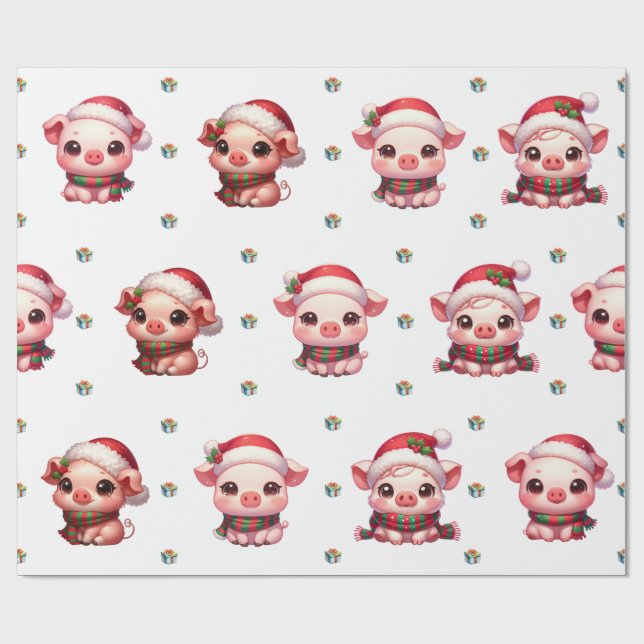 Papel De Regalo Navidades adorables celebran cerdos Kawaii en blan (Superficie plana)
