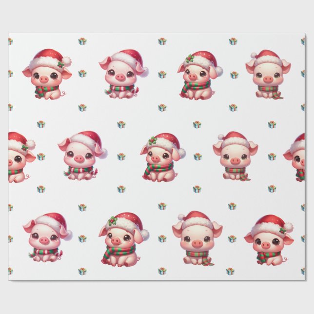 Papel De Regalo Navidades adorables celebran cerdos Kawaii en blan (Superficie plana)