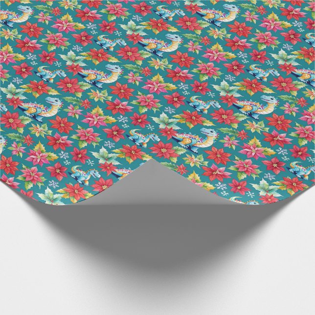 Papel De Regalo Navidades Adorables Dinosaurios y Poinsettias (Esquina)