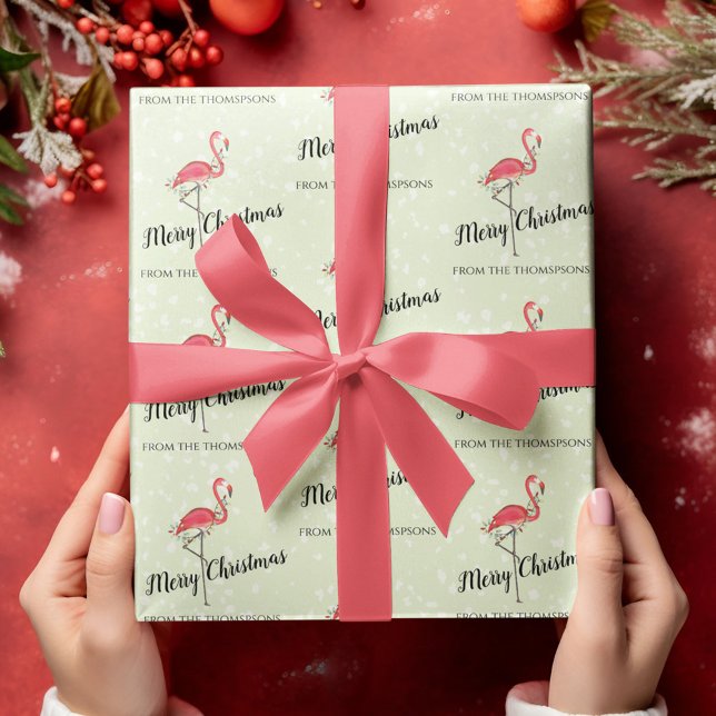 Papel De Regalo Navidades adoran a Personalizado de flamenco rosad (Christmas holiday pink flamingo Merry Christmas custom wrapping paper)
