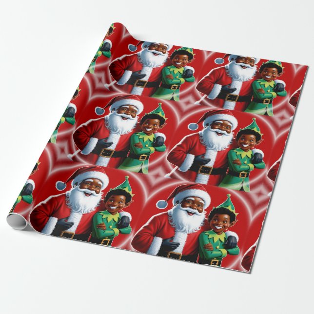 Papel De Regalo Navidades afroamericanos alegres de Santa y Elf (Desenrollado)