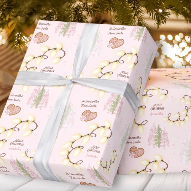 Papel De Regalo Navidades alumbran el nombre personalizado rosado  (Christmas Lights Modern Pink Pastel Custom Name Wrapping Paper)