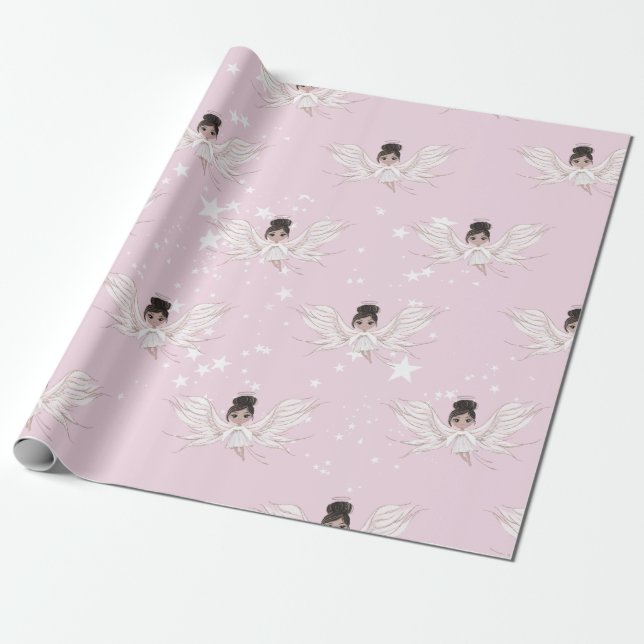 Papel De Regalo Navidades Angel Dark Hair Stars Pink Cute (Desenrollado)