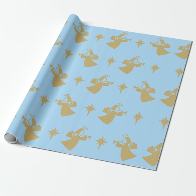Papel De Regalo Navidades Angel Nativity Star Baby Blue Gold (Desenrollado)