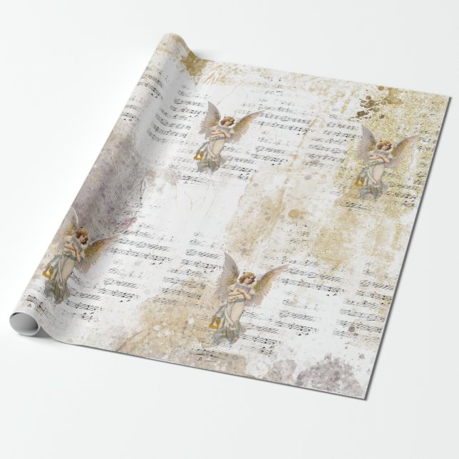 Papel De Regalo Navidades Angel Wings Music Gold Decoupage Idea Ti (Desenrollado)