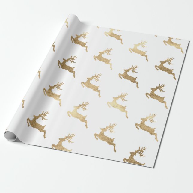 Papel De Regalo Navidades Año Nuevo Reno Blanco Dorado (Desenrollado)