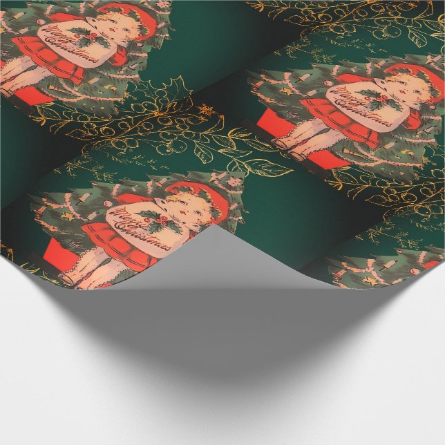 Papel De Regalo Navidades antiguos festivos muñeca verde rojo (Esquina)