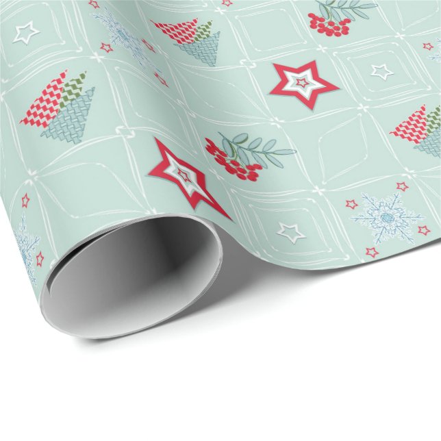 Papel De Regalo Navidades, árboles, copos de nieve, estrellas, col (Esquina del rollo)