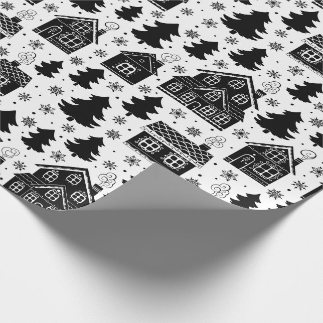 Papel De Regalo Navidades Árboles de nieve de la Casa Blanca Negra (Esquina)