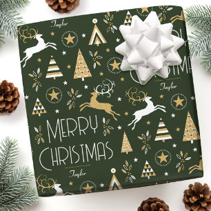 Papel De Regalo Navidades Art Deco Nombre personalizado reno Verde