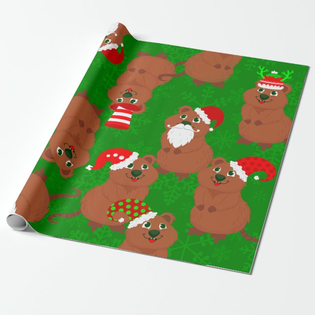 Papel De Regalo navidades australianos santa quokka con copos de n (Desenrollado)