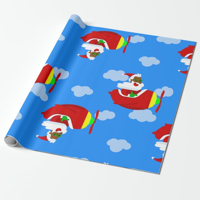 Papel De Regalo navidades aviator avión piloto negro santa nube (Desenrollado)