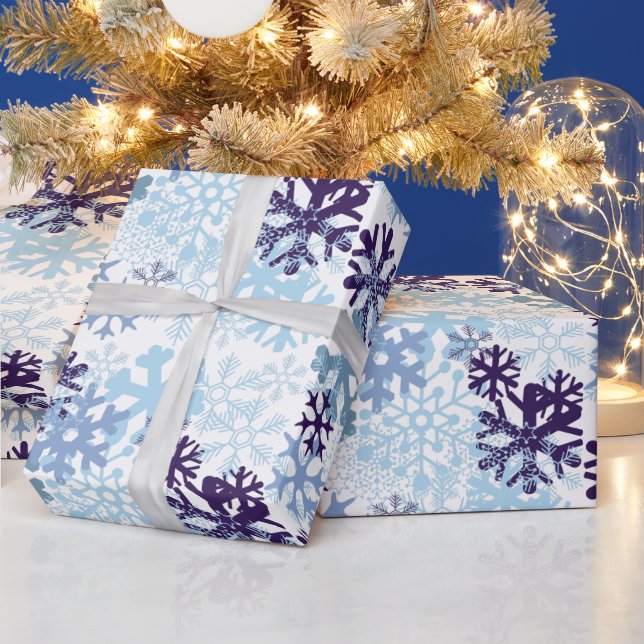 Papel De Regalo Navidades azules copos de nieve blanco índigo y ne (Vacaciones)