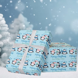 Papel De Regalo Navidades azules malcriados pingüino copo de nieve