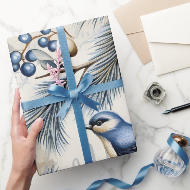 Papel De Regalo Navidades azules, pájaro, bayas, floral (Regalar)