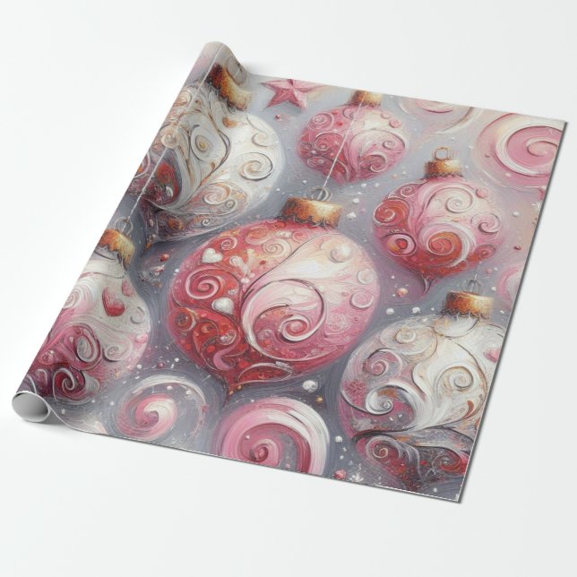 Papel De Regalo Navidades Balls Whimsical Swirls Rosa Gris Blanco (Desenrollado)